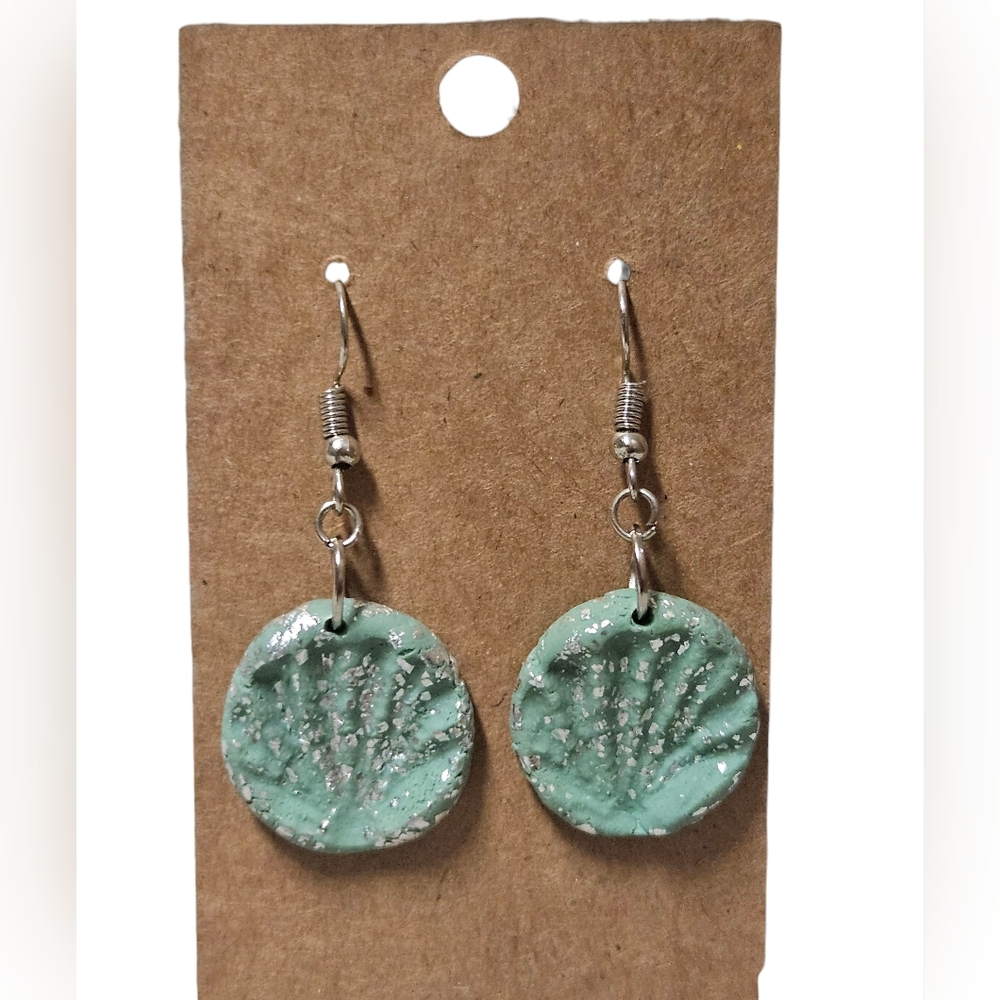 Handmade Mint Green Clay Disc Earrings with Silver Flecks – Lightweight & Unique